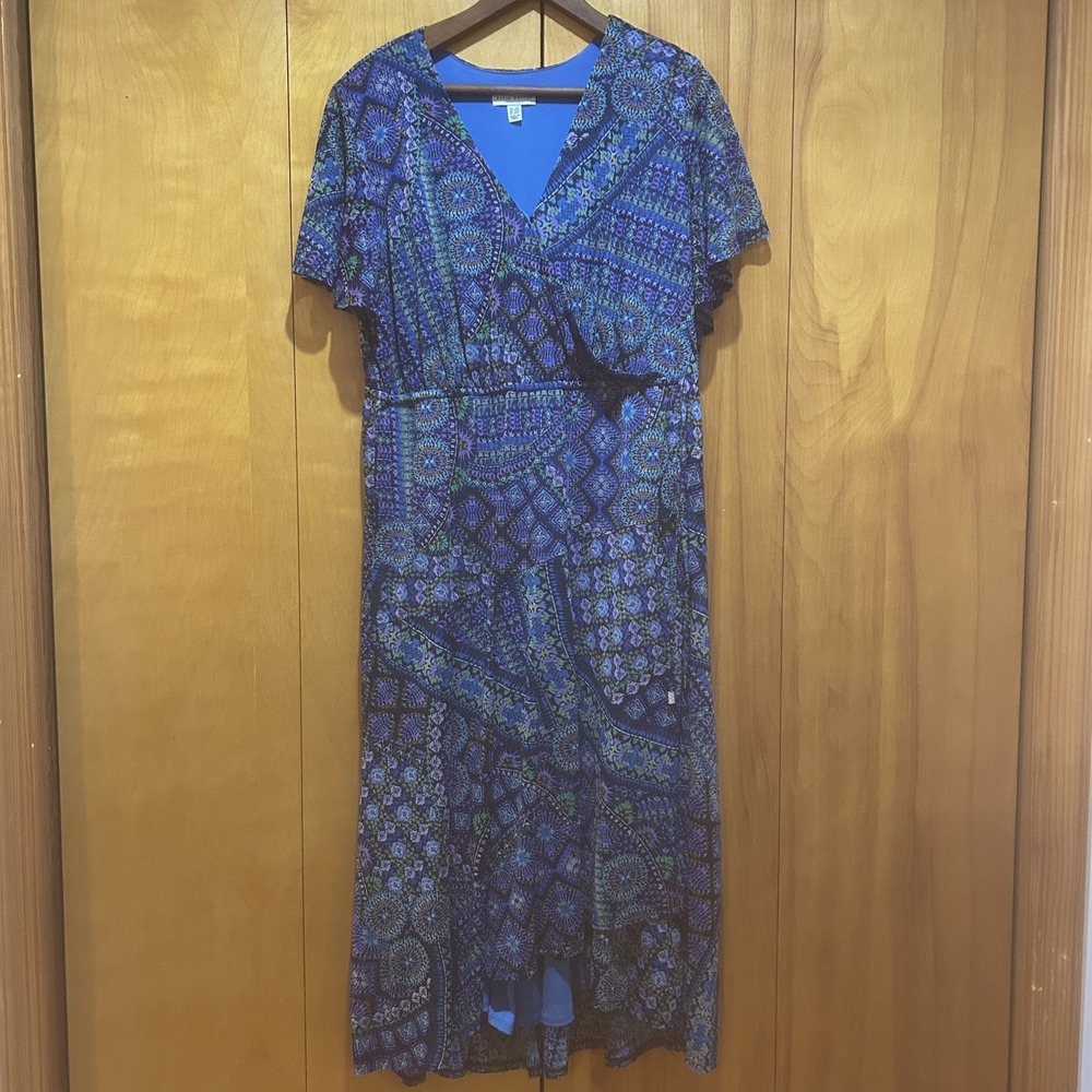 Susan Graver Womens Geometric Print Midi Dress Size 1X Petite Blue Multi Artsy - Picture 4 of 12